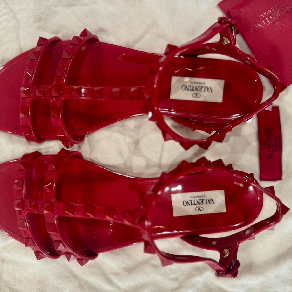 Valentino Rockstud Jelly Red Gladiator Sandals Ankle Wrap Rubber Flat Stud